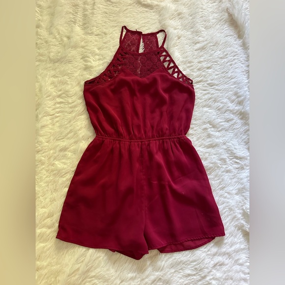 Elegant Burgundy Lace Trim Romper - Picture 1 of 2